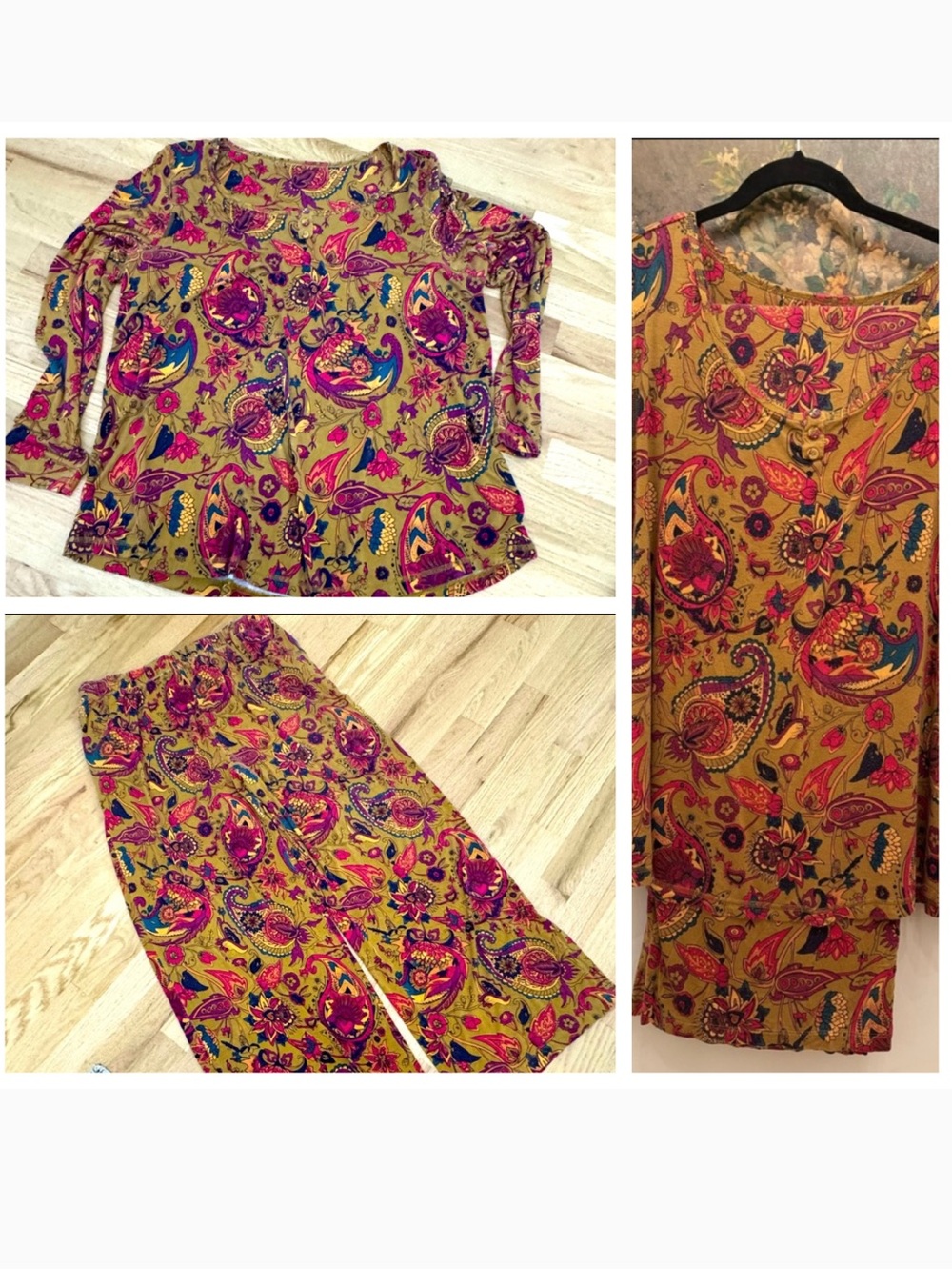 Soft Surroundings Sz L Mustard / Pink/ Blue Paisley Floral Long Sleeve PJ Set